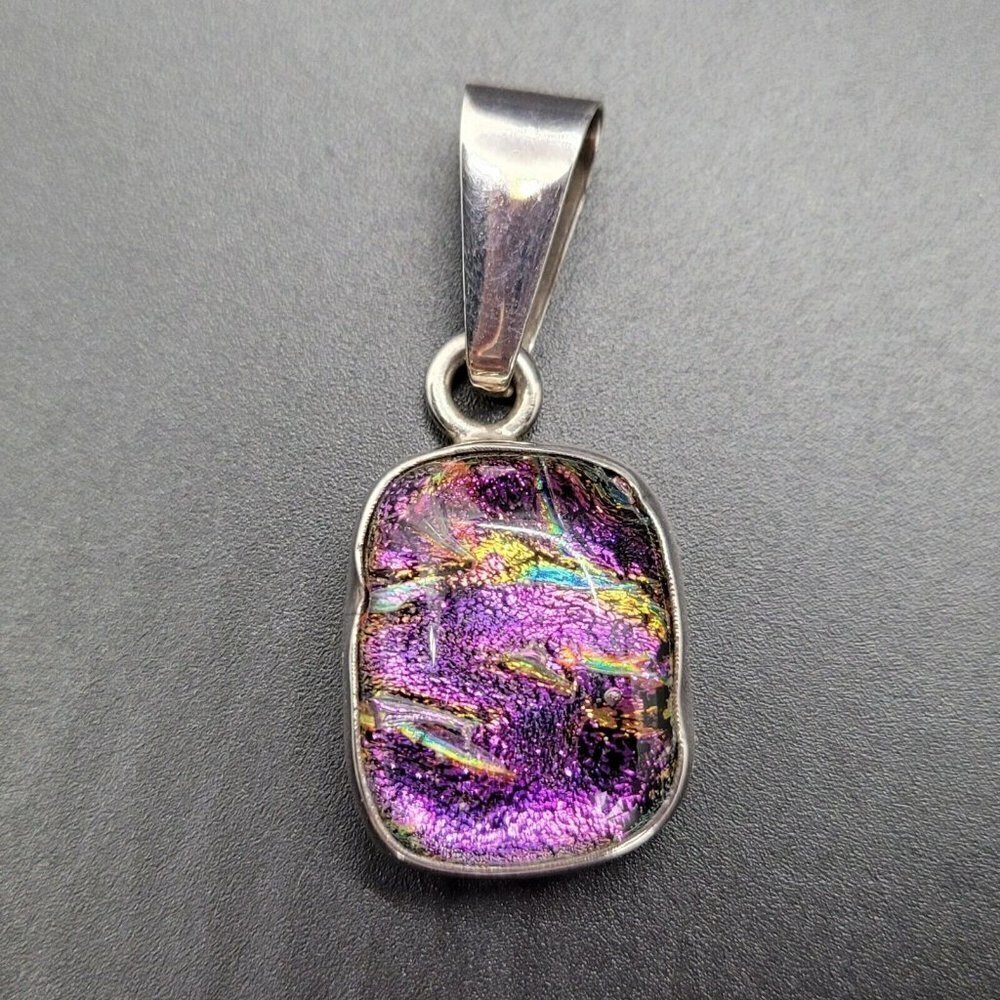 Charles Albert 950 Sterling Silver Pink Dichroic Glass Pendant Rectangular - Picture 2 of 7